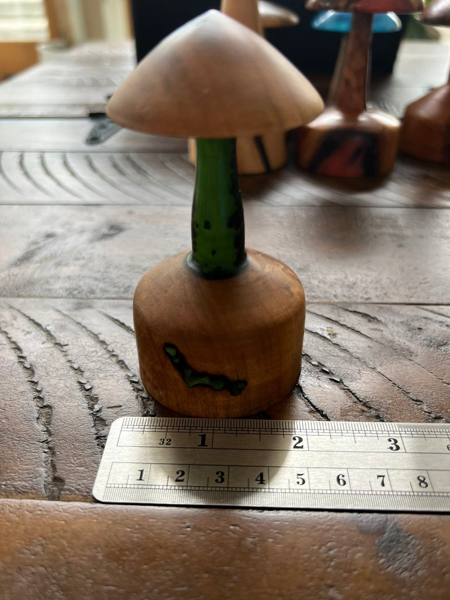 Handmade Wooden Mushroom with Green Epoxy Inlay